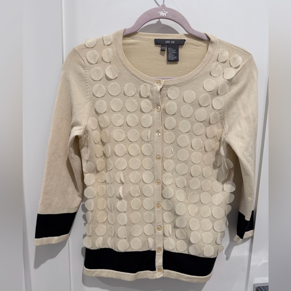 Per Se Beige and Black Polka Dot Cardigan silk cotton and nylon - Picture 6 of 8